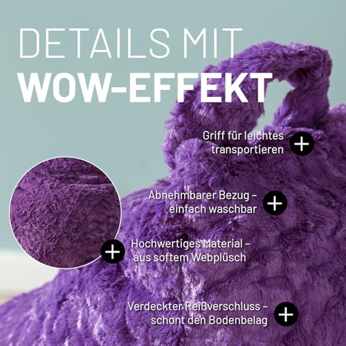 Lumaland Fluffy Sitzsack | Kinderzimmer Sitzkissen 60 x 45 cm | Waschbarer Bezug aus Webplüsch | Flauschiger & weicher Kinder Bodenkissen | Passend für Mädchen & Jungen | 120L Volumen [Dunkel Lila]