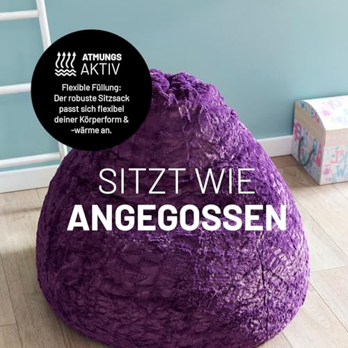 Lumaland Fluffy Sitzsack | Kinderzimmer Sitzkissen 60 x 45 cm | Waschbarer Bezug aus Webplüsch | Flauschiger & weicher Kinder Bodenkissen | Passend für Mädchen & Jungen | 120L Volumen [Dunkel Lila]