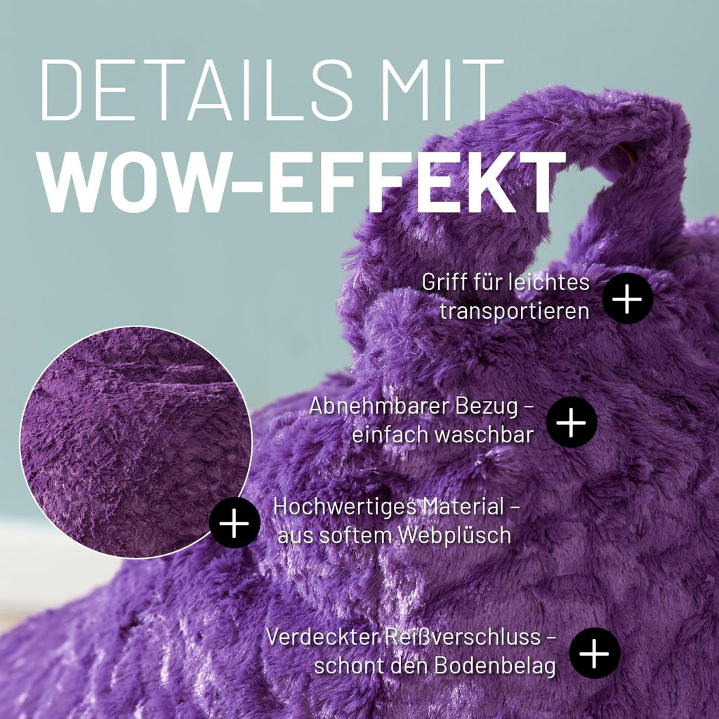 Lumaland Fluffy Sitzsack | Kinderzimmer Sitzkissen 60 x 45 cm | Waschbarer Bezug aus Webplüsch | Flauschiger & weicher Kinder Bodenkissen | Passend für Mädchen & Jungen | 120L Volumen [Dunkel Lila]