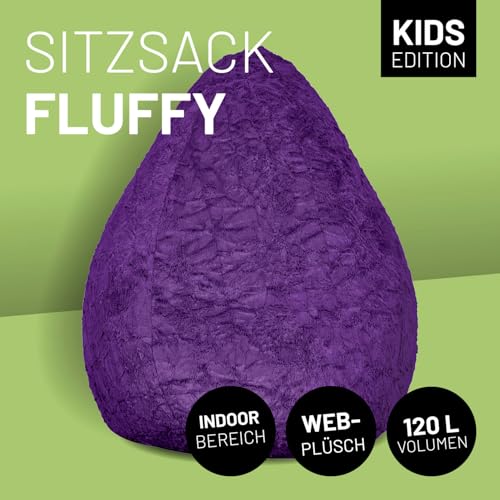 Lumaland Fluffy Sitzsack | Kinderzimmer Sitzkissen 60 x 45 cm | Waschbarer Bezug aus Webplüsch | Flauschiger & weicher Kinder Bodenkissen | Passend für Mädchen & Jungen | 120L Volumen [Dunkel Lila]