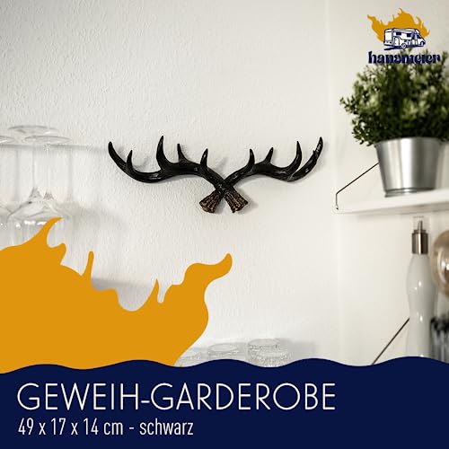 Geweih Kleiderhaken Garderobenhaken - Schwarz - Für Außen, Innen, Balkon & Garten - 49 cm - Hirschgeweih - Garderobe - Hohe Tragkraft
