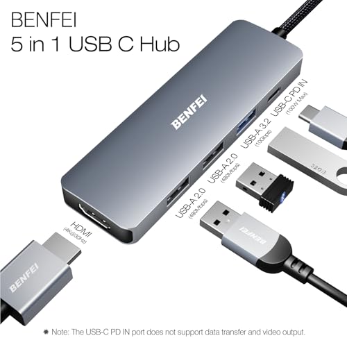 BENFEI USB C Hub 5in1, USB C Multiport Adapter mit 4K HDMI/PD 100W / 3*USB-A Datenports 10Gbps [Silikon/gewebtes Design, Aluminiumgehäuse] für MacBook Pro/Air, iPad Pro, iMac, iPhone 15 Serie, XPS