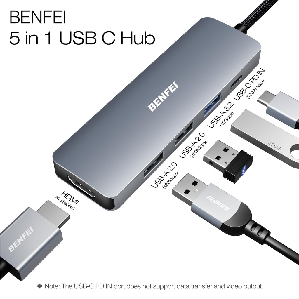 BENFEI USB C Hub 5in1, USB C Multiport Adapter mit 4K HDMI/PD 100W / 3*USB-A Datenports 10Gbps [Silikon/gewebtes Design, Aluminiumgehäuse] für MacBook Pro/Air, iPad Pro, iMac, iPhone 15 Serie, XPS