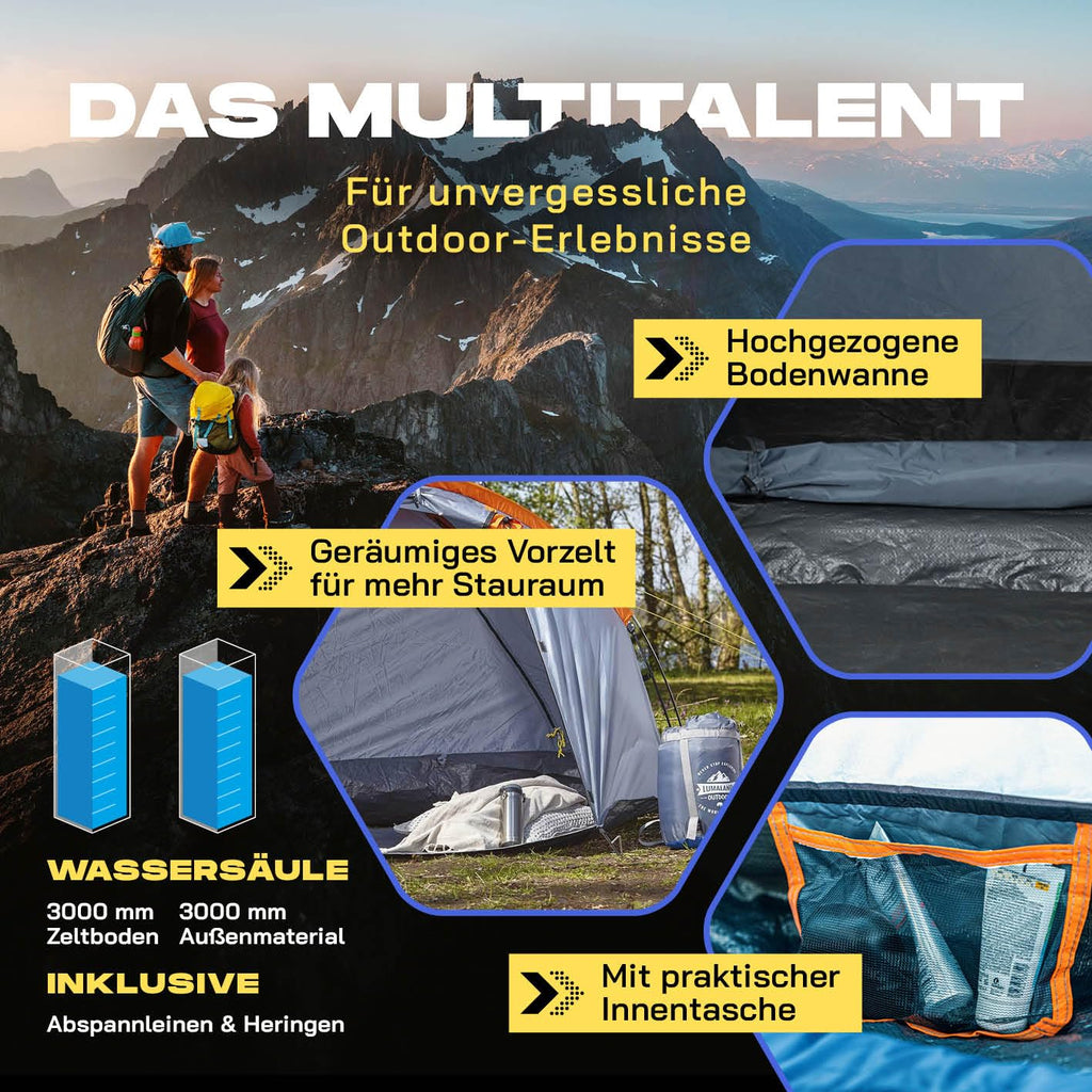 Lumaland Pop Up Zelt | 3-4 Personen Familienzelt | Wurfzelt 220x220x130 cm | Wasserdicht & Windfest | Ideal als Camping, Festival & Reise Zelt | Ultraleicht & Robust