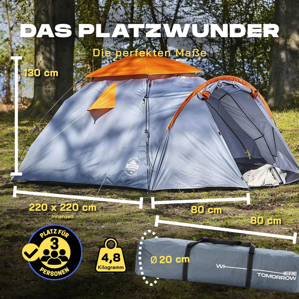 Lumaland Pop Up Zelt | 3-4 Personen Familienzelt | Wurfzelt 220x220x130 cm | Wasserdicht & Windfest | Ideal als Camping, Festival & Reise Zelt | Ultraleicht & Robust