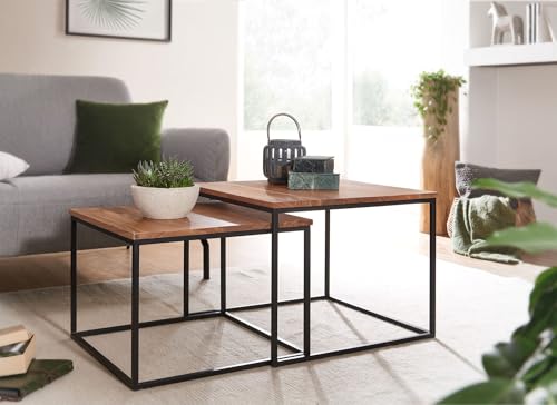 FineBuy Couchtisch 2er Set Akazie Massivholz Quadratisch, Satztisch