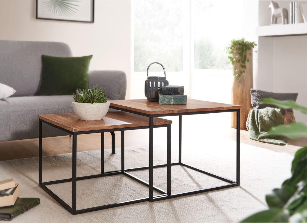 FineBuy Couchtisch 2er Set Akazie Massivholz Quadratisch, Satztisch