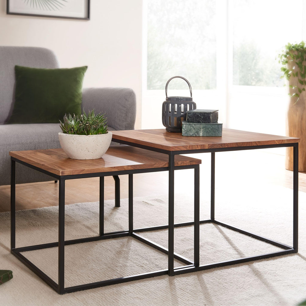 FineBuy Couchtisch 2er Set Akazie Massivholz Quadratisch, Satztisch