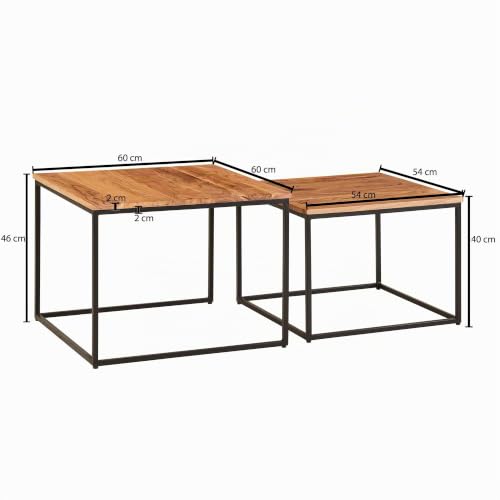 FineBuy Couchtisch 2er Set Akazie Massivholz Quadratisch, Satztisch