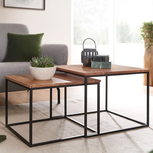 FineBuy Couchtisch 2er Set Akazie Massivholz Quadratisch, Satztisch