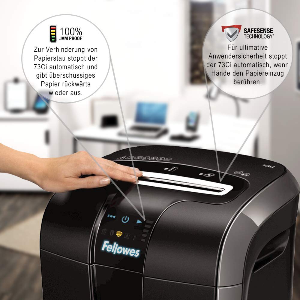 Fellowes 12 Blatt Aktenvernichter, Partikelschnitt (P4) Papierschredder für Büro, Powershred 73Ci, Schredder mit 100% staufrei Technologie, Safesense, Energiesparsystem, 23L Papierkorb, CD Schredder