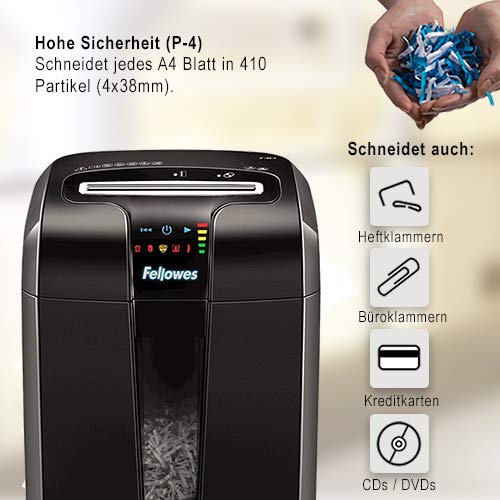 Fellowes 12 Blatt Aktenvernichter, Partikelschnitt (P4) Papierschredder für Büro, Powershred 73Ci, Schredder mit 100% staufrei Technologie, Safesense, Energiesparsystem, 23L Papierkorb, CD Schredder