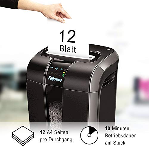 Fellowes 12 Blatt Aktenvernichter, Partikelschnitt (P4) Papierschredder für Büro, Powershred 73Ci, Schredder mit 100% staufrei Technologie, Safesense, Energiesparsystem, 23L Papierkorb, CD Schredder