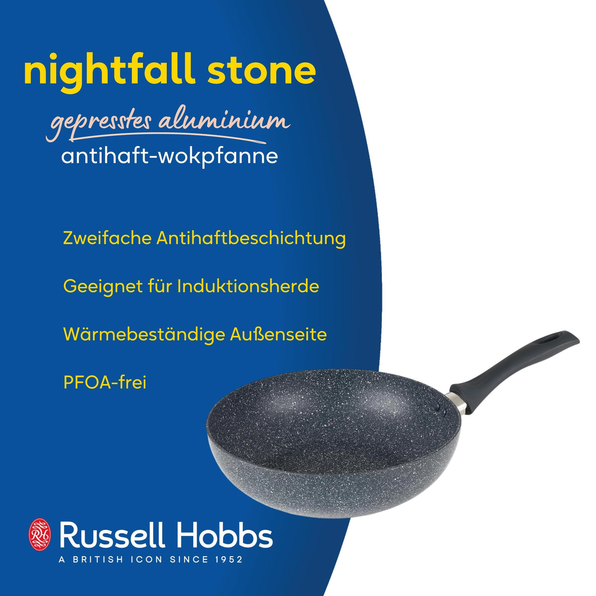 Russell Hobbs RH00851EU Frittierpfanne Mit Tiefem Rühren - 28cm antihaft Wok Pfanne, BPA/PFOA-frei, einfache Reinigung, Alle Kochfelder geeignet, Soft-Touch-Griffe Nightfall Stone, Blau Marmor