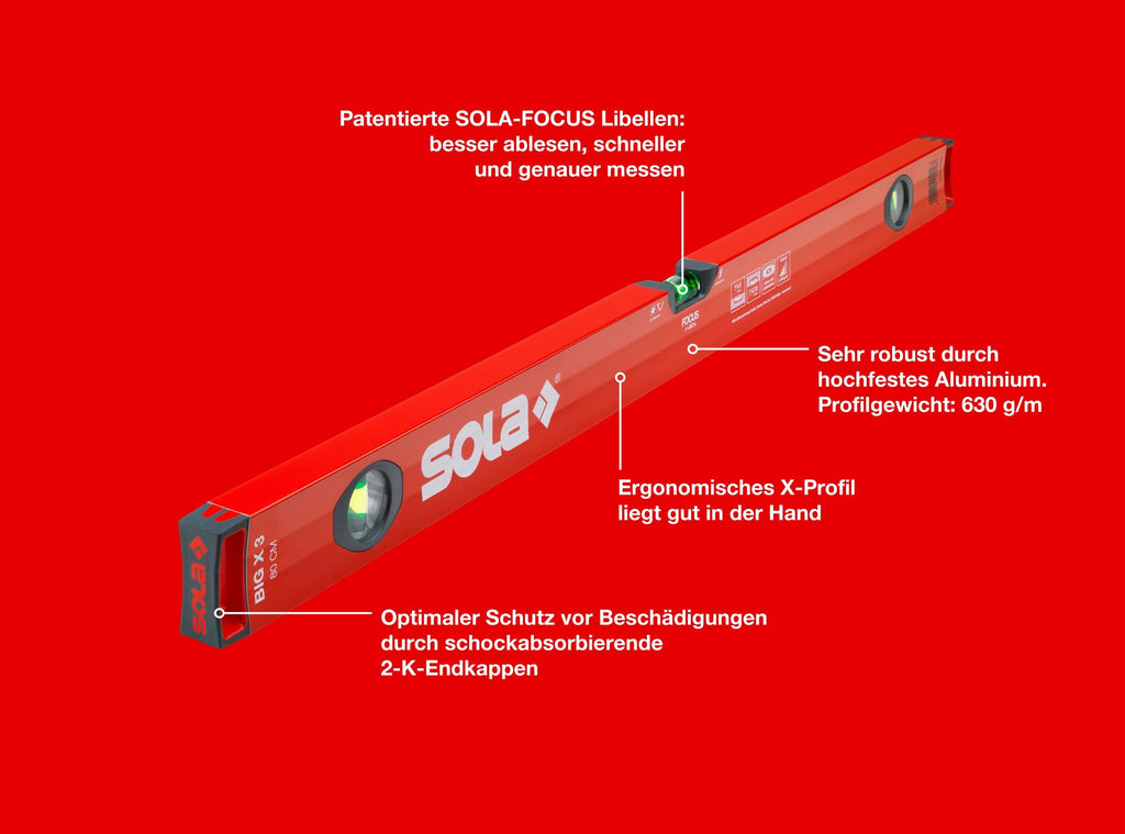 SOLA BIGX 80 - Wasserwage 80 cm - patentierte SOLA-FOCUS Libelle - mit schockabsorbierenden Endkappen