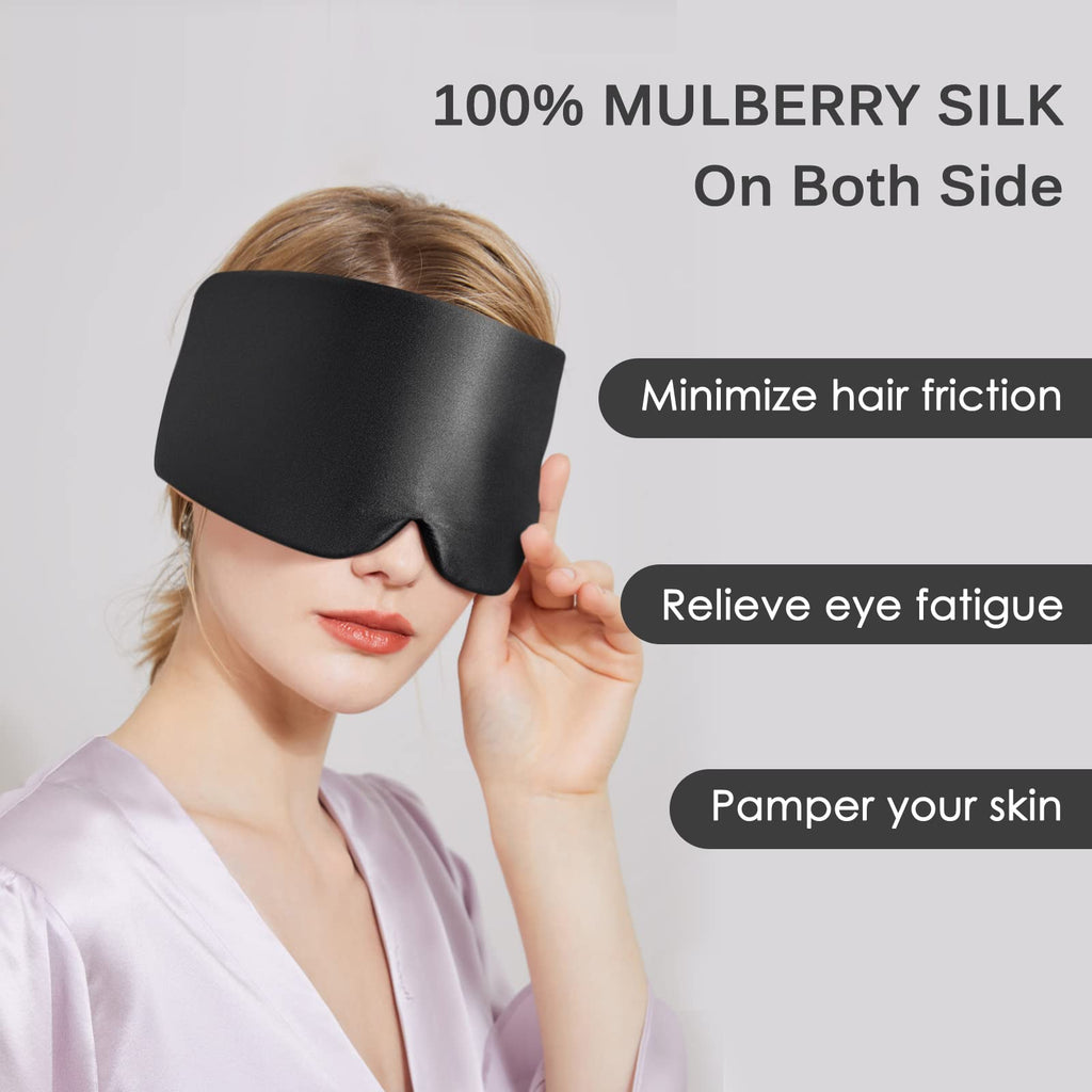 OLESILK 100% Maulbeerseide Schlafmaske groß mit Klettverschluss, Schwarz