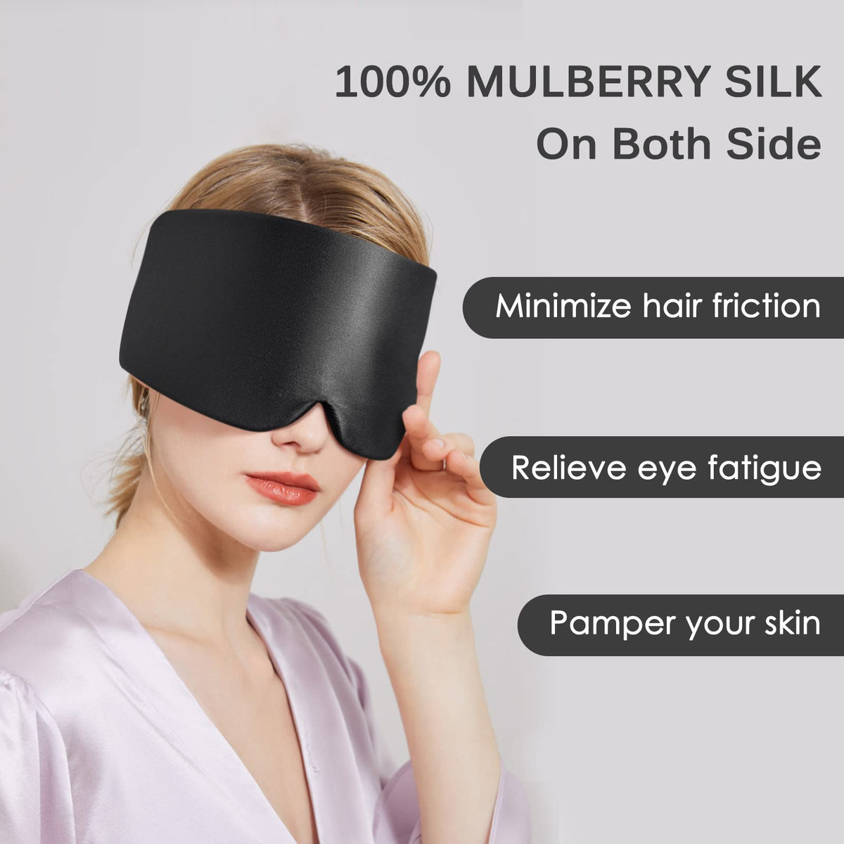 OLESILK 100% Maulbeerseide Schlafmaske groß mit Klettverschluss, Schwarz