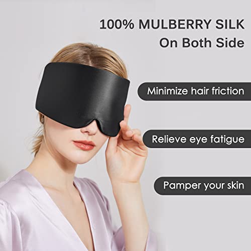 OLESILK 100% Maulbeerseide Schlafmaske groß mit Klettverschluss, Schwarz