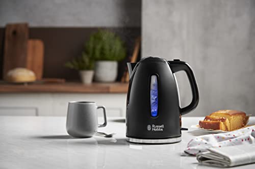 Russell Hobbs Wasserkocher Textures+, 1,7l, 2400W, LED Beleuchtung, Schnellkochfunktion, optimierte Ausgusstülle, herausnehmbarer Kalkfilter, Teekocher schwarz 22591-70 [Energieklasse A+++]