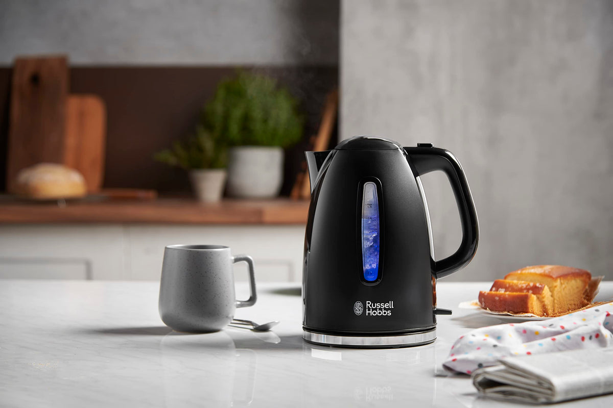 Russell Hobbs Wasserkocher Textures+, 1,7l, 2400W, LED Beleuchtung, Schnellkochfunktion, optimierte Ausgusstülle, herausnehmbarer Kalkfilter, Teekocher schwarz 22591-70 [Energieklasse A+++]