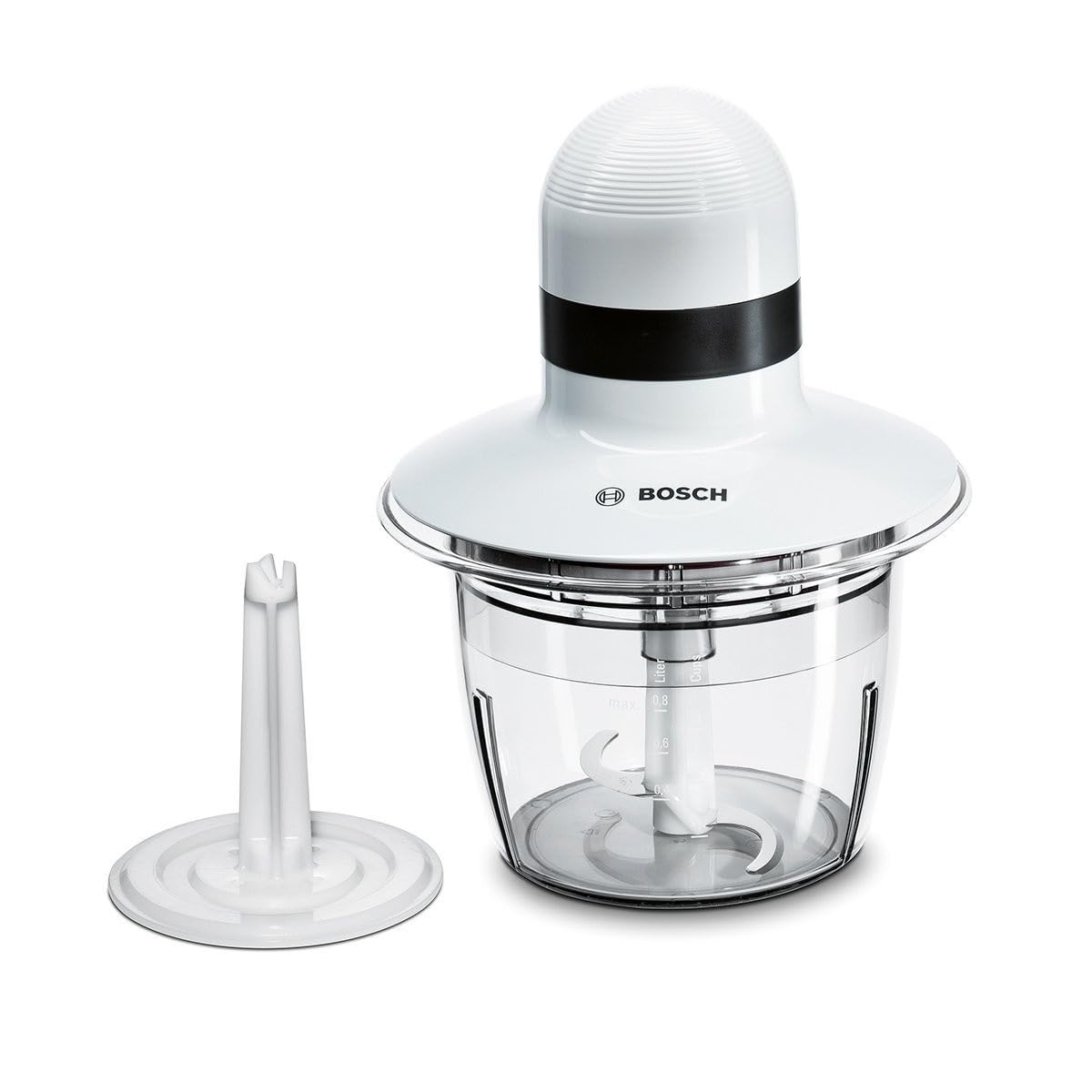 Bosch Universalzerkleinerer, elektrisch, schnell, Klingen aus Edelstahl, 800 ml Behälter, Scheibe zum Sahne schlagen, weiß, 400 W, MMR08A1