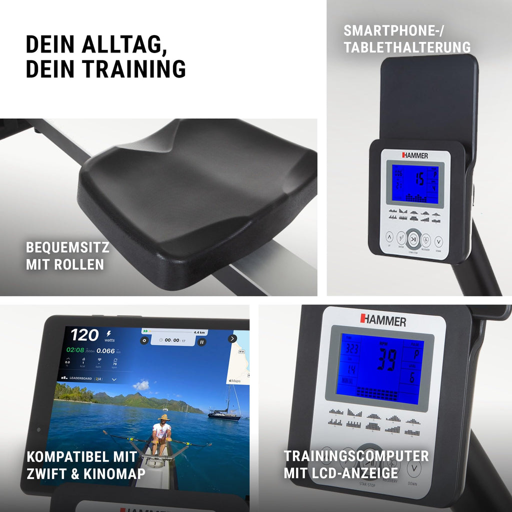 HAMMER Rudergerät Cobra XTR Plus II – Klappbare Rudermaschine mit innovativem Trainingscomputer, Rudergerät für zuhause bis 130kg, 20 Trainingsprogramme mit 4 Herzfrequenz-Programme