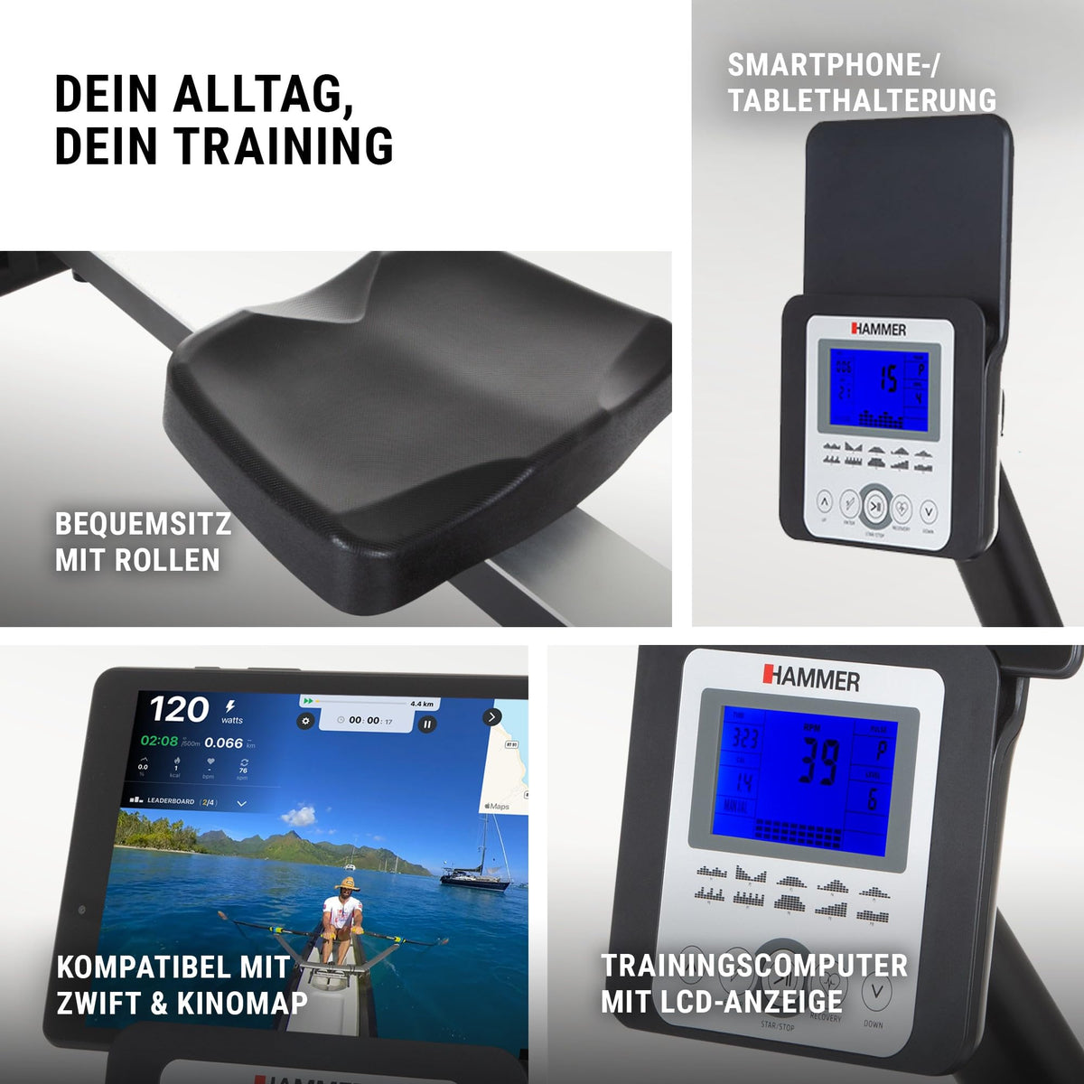 HAMMER Rudergerät Cobra XTR Plus II – Klappbare Rudermaschine mit innovativem Trainingscomputer, Rudergerät für zuhause bis 130kg, 20 Trainingsprogramme mit 4 Herzfrequenz-Programme
