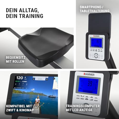 HAMMER Rudergerät Cobra XTR Plus II – Klappbare Rudermaschine mit innovativem Trainingscomputer, Rudergerät für zuhause bis 130kg, 20 Trainingsprogramme mit 4 Herzfrequenz-Programme