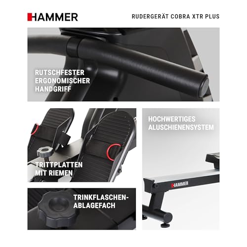 HAMMER Rudergerät Cobra XTR Plus II – Klappbare Rudermaschine mit innovativem Trainingscomputer, Rudergerät für zuhause bis 130kg, 20 Trainingsprogramme mit 4 Herzfrequenz-Programme