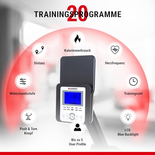HAMMER Rudergerät Cobra XTR Plus II – Klappbare Rudermaschine mit innovativem Trainingscomputer, Rudergerät für zuhause bis 130kg, 20 Trainingsprogramme mit 4 Herzfrequenz-Programme