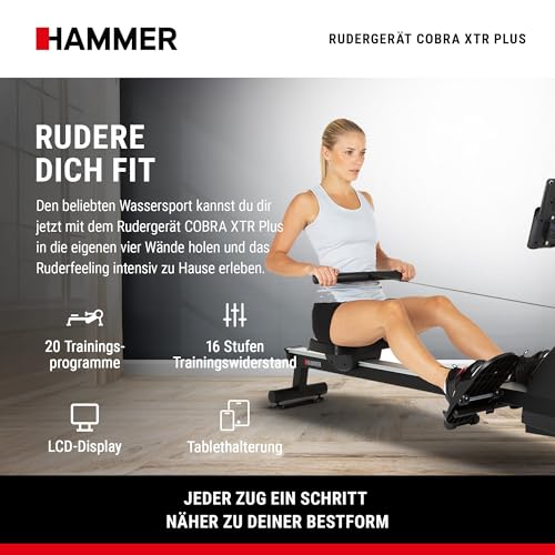 HAMMER Rudergerät Cobra XTR Plus II – Klappbare Rudermaschine mit innovativem Trainingscomputer, Rudergerät für zuhause bis 130kg, 20 Trainingsprogramme mit 4 Herzfrequenz-Programme