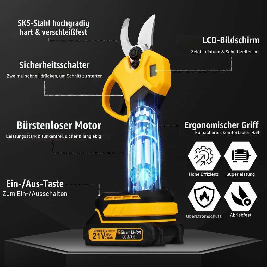 Akku Gartenschere, 40MM Elektrische Astschere mit 2 x 2Ah Batterien & LCD Display, Akku Rosenschere Unterstützt die Einstellung der Öffnung für Beschneiden von Hecken & Obstbäumen