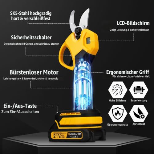 Akku Gartenschere, 40MM Elektrische Astschere mit 2 x 2Ah Batterien & LCD Display, Akku Rosenschere Unterstützt die Einstellung der Öffnung für Beschneiden von Hecken & Obstbäumen