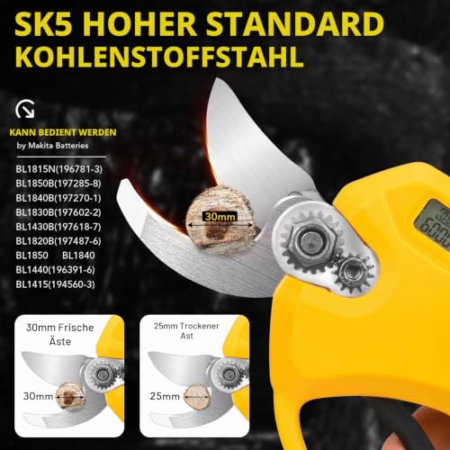 Akku Gartenschere, 40MM Elektrische Astschere mit 2 x 2Ah Batterien & LCD Display, Akku Rosenschere Unterstützt die Einstellung der Öffnung für Beschneiden von Hecken & Obstbäumen