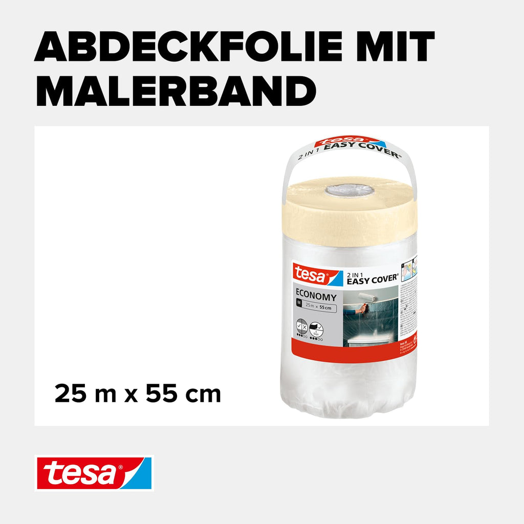 tesa Easy Cover UNIVERSAL Folie - Malerband mit Abdeckfolie - 25 m x 0,55 m