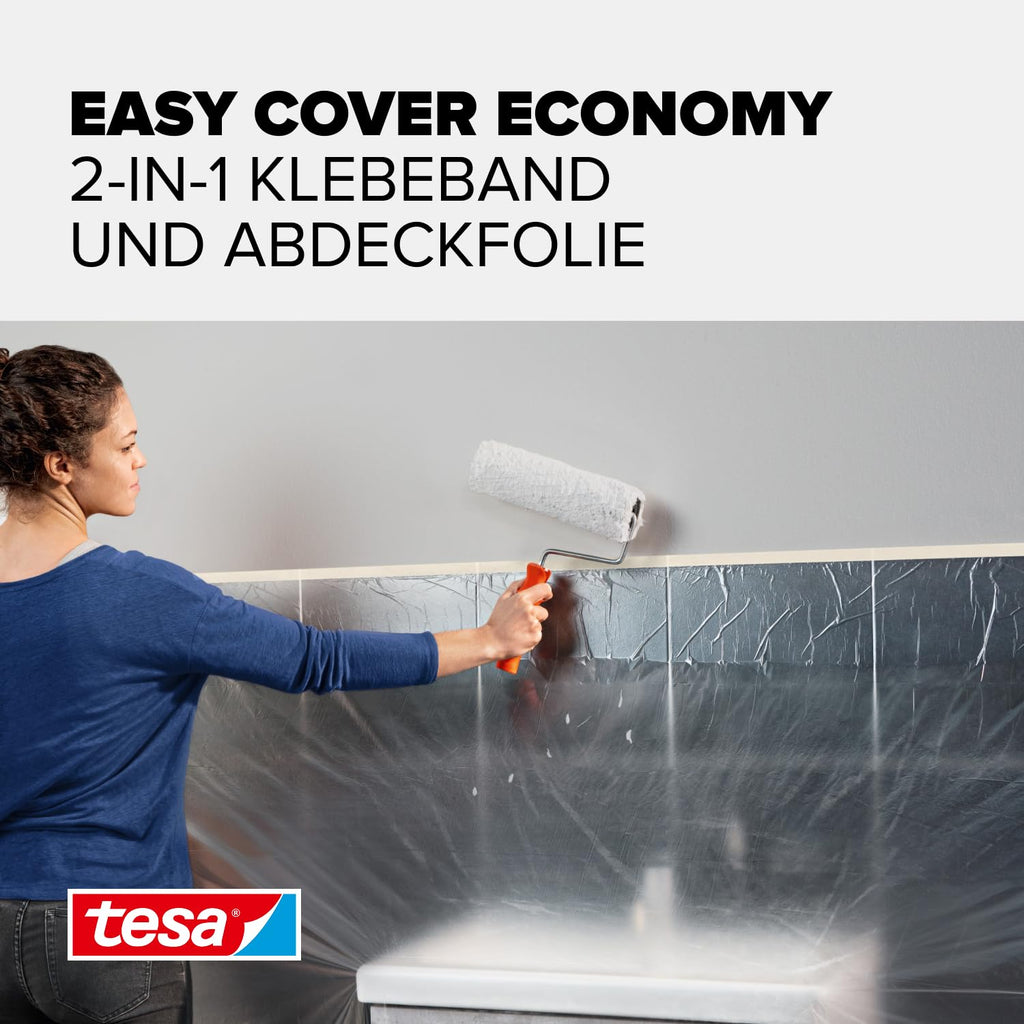 tesa Easy Cover UNIVERSAL Folie - Malerband mit Abdeckfolie - 25 m x 0,55 m