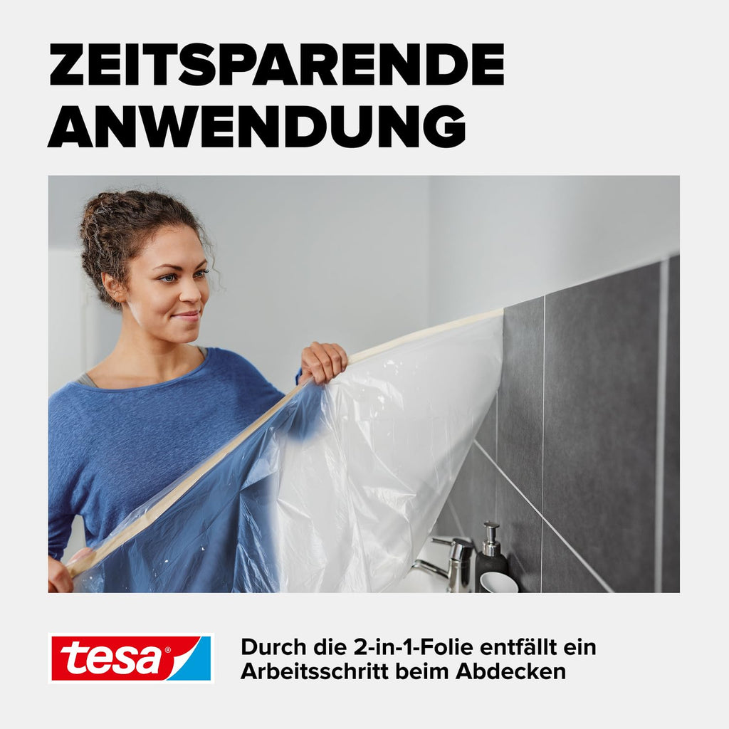 tesa Easy Cover UNIVERSAL Folie - Malerband mit Abdeckfolie - 25 m x 0,55 m