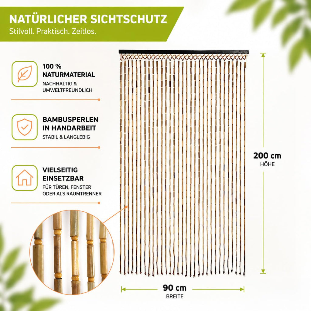 Kobolo Türvorhang Bamboo Bambus Perlenvorhang 90x200 cm Braun