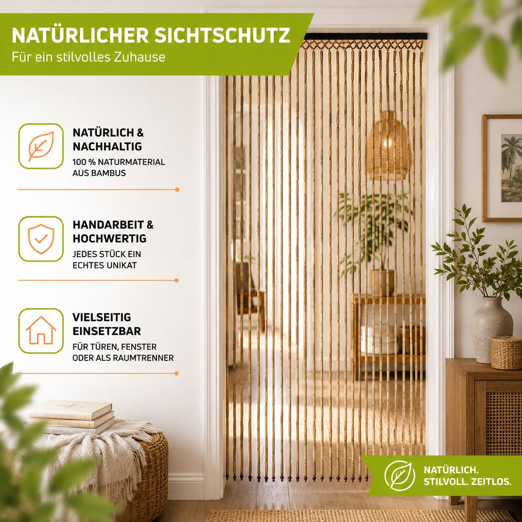 Kobolo Türvorhang Bamboo Bambus Perlenvorhang 90x200 cm Braun