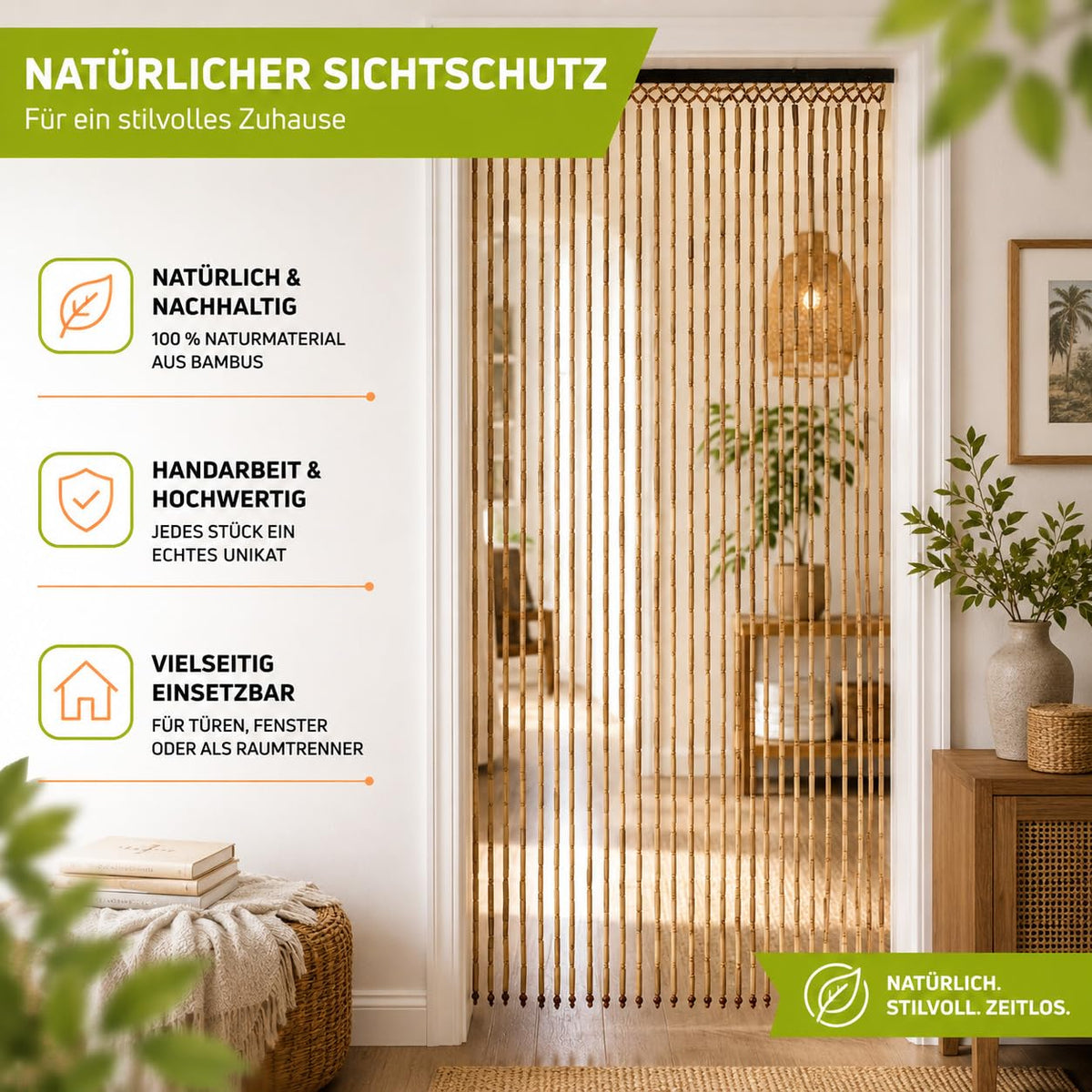 Kobolo Türvorhang Bamboo Bambus Perlenvorhang 90x200 cm Braun