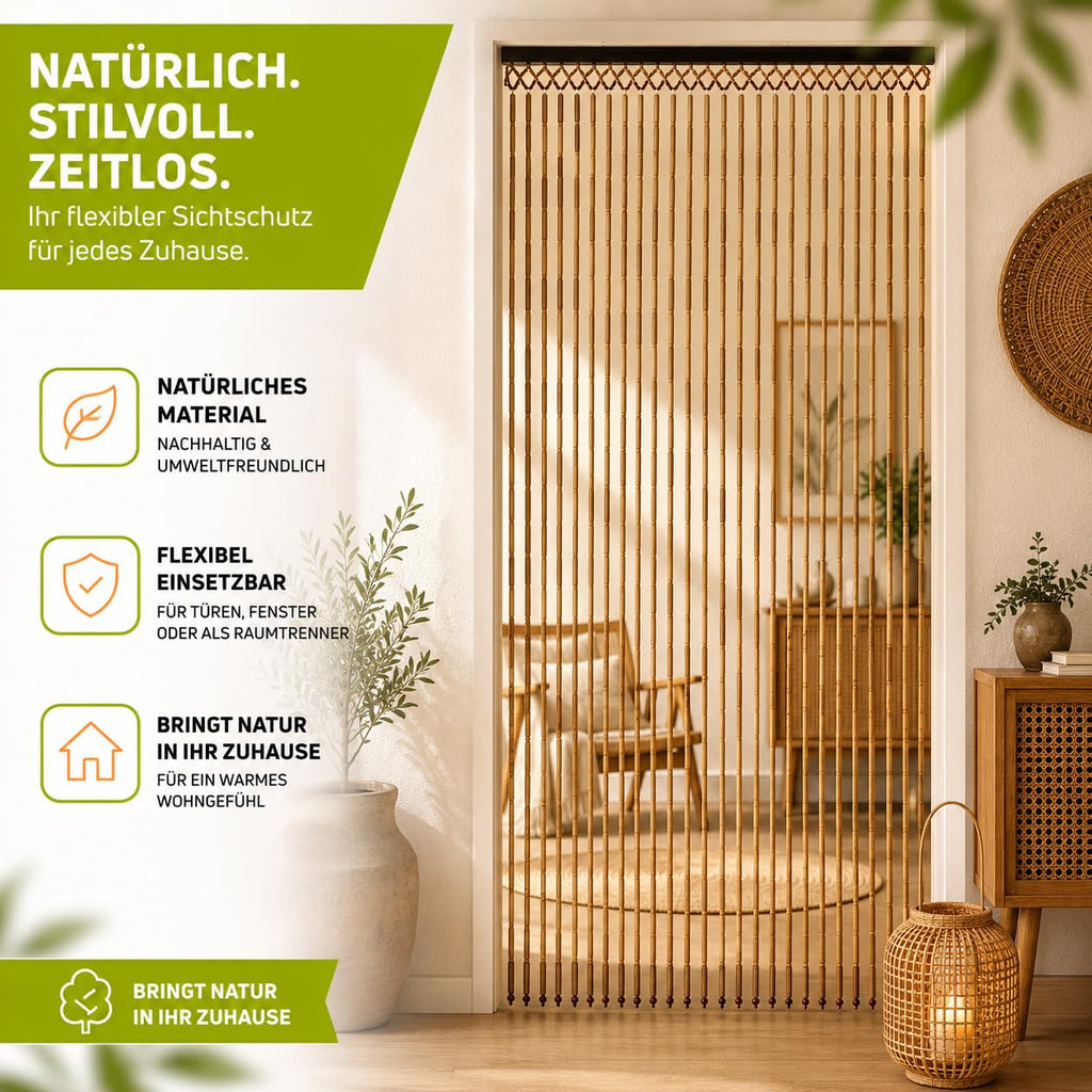 Kobolo Türvorhang Bamboo Bambus Perlenvorhang 90x200 cm Braun