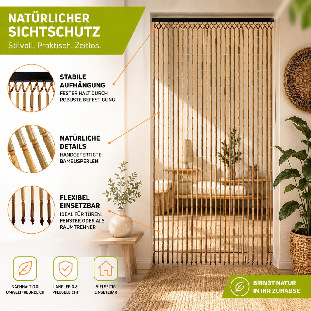 Kobolo Türvorhang Bamboo Bambus Perlenvorhang 90x200 cm Braun