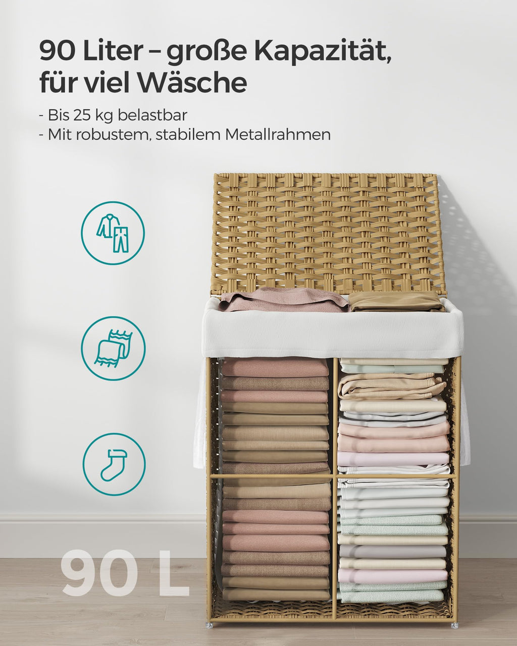 SONGMICS Wäschekorb schmal, 90 L, aus synthetischem Rattan, faltbar