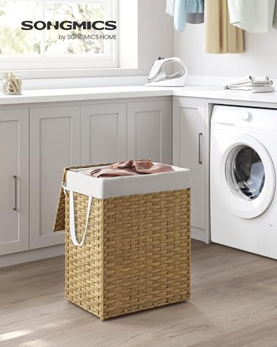 SONGMICS Wäschekorb schmal, 90 L, aus synthetischem Rattan, faltbar