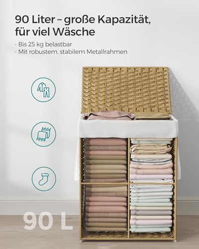 SONGMICS Wäschekorb schmal, 90 L, aus synthetischem Rattan, faltbar