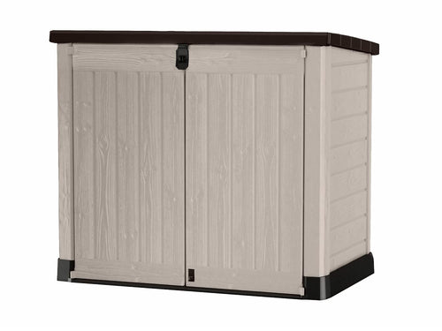 Keter Store it Out Pro Mülltonnenbox mit Gasdruckfeder, wetterfest, abschließbar, beige, 1.200 L, 145,5 x 82 x 123cm, passend für 2x240l Abfalltonnen