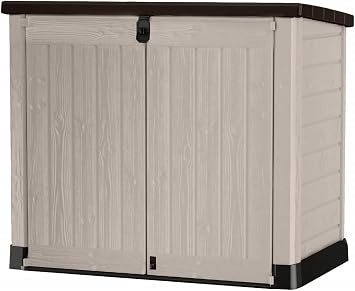 Keter Store it Out Pro Mülltonnenbox mit Gasdruckfeder, wetterfest, abschließbar, beige, 1.200 L, 145,5 x 82 x 123cm, passend für 2x240l Abfalltonnen