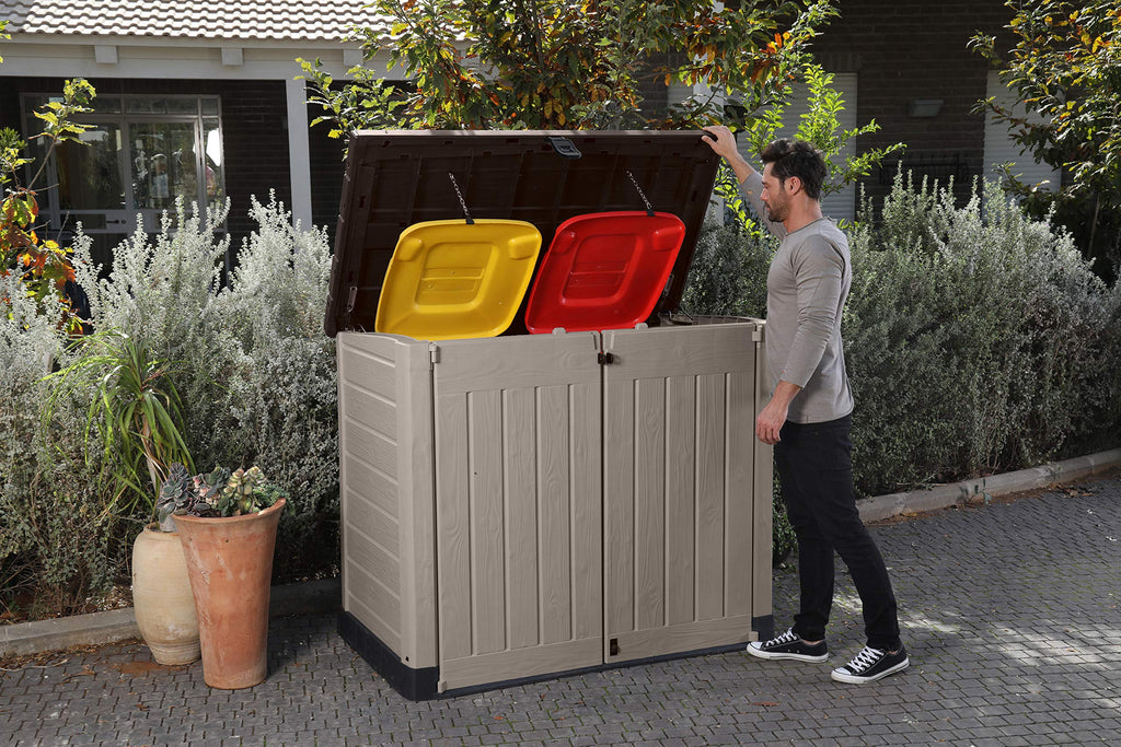 Keter Store it Out Pro Mülltonnenbox mit Gasdruckfeder, wetterfest, abschließbar, beige, 1.200 L, 145,5 x 82 x 123cm, passend für 2x240l Abfalltonnen