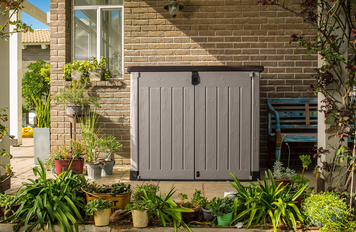 Keter Store it Out Pro Mülltonnenbox mit Gasdruckfeder, wetterfest, abschließbar, beige, 1.200 L, 145,5 x 82 x 123cm, passend für 2x240l Abfalltonnen