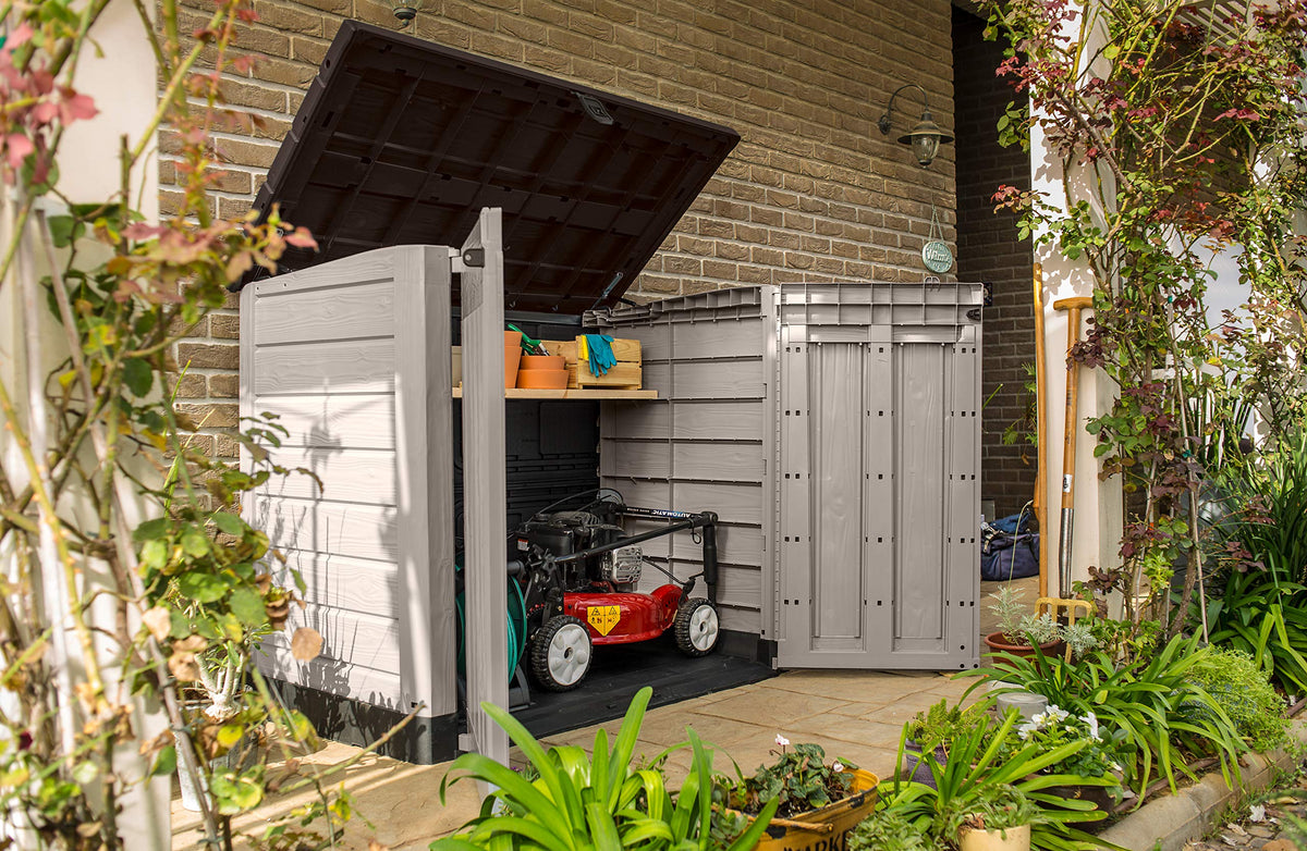 Keter Store it Out Pro Mülltonnenbox mit Gasdruckfeder, wetterfest, abschließbar, beige, 1.200 L, 145,5 x 82 x 123cm, passend für 2x240l Abfalltonnen